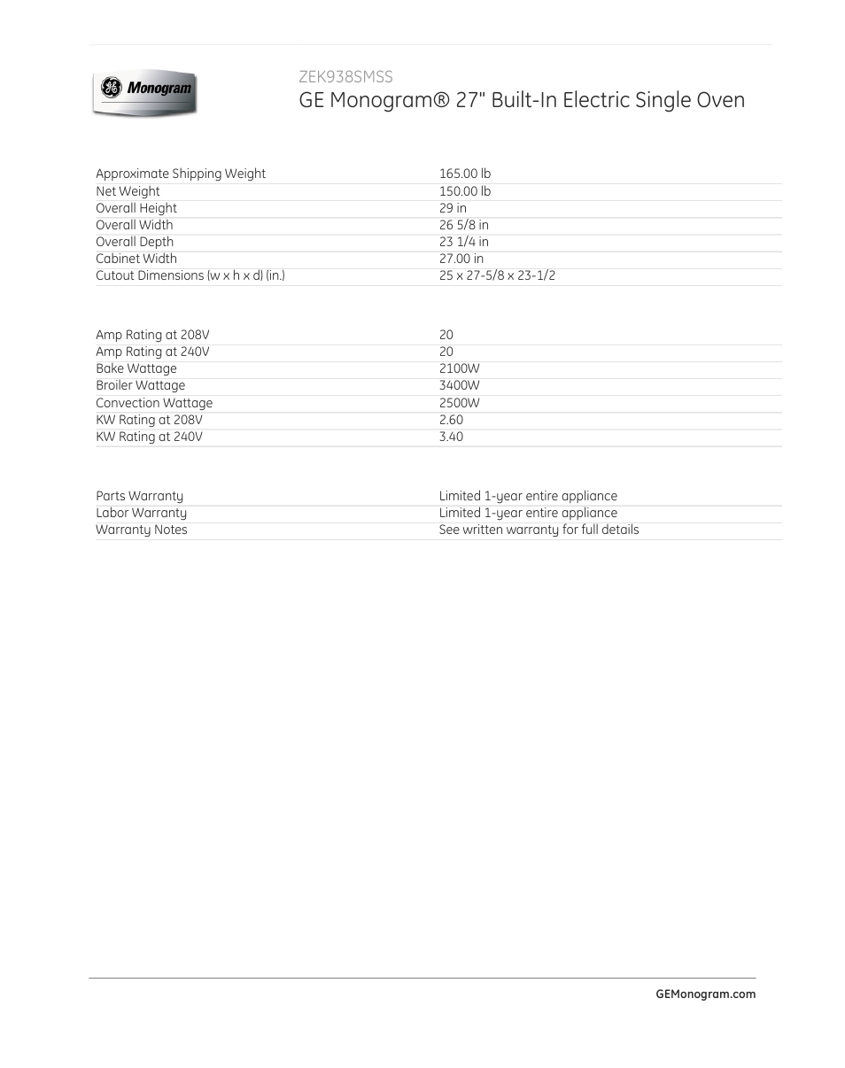 Ge monogram® 27" built-in electric single oven, Zek938smss | GE ZEK938SMSS User Manual | Page 4 / 4