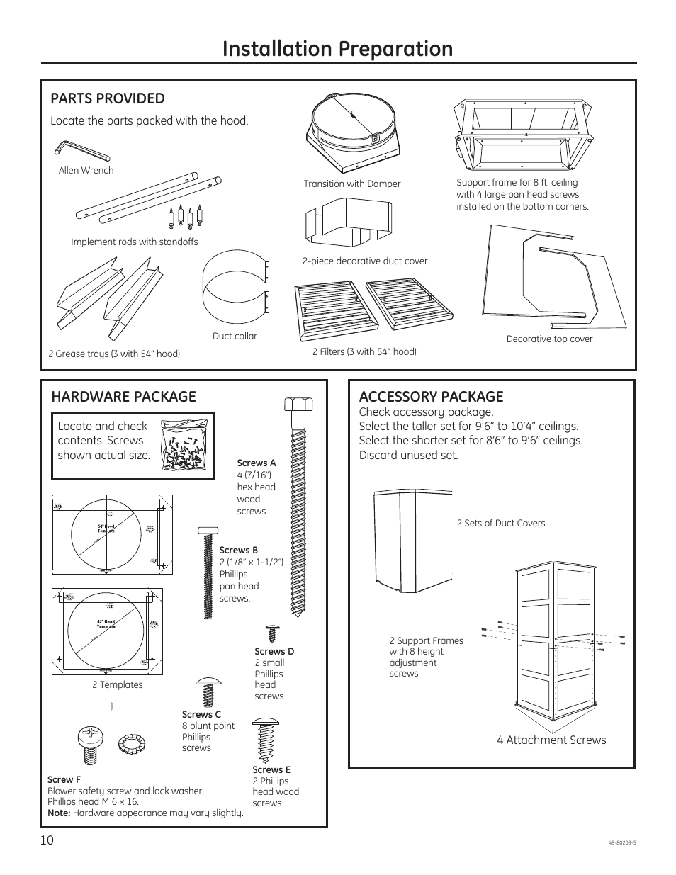 Installation preparation, Parts provided, Hardware package | Accessory package | GE ZV54ISHSS User Manual | Page 10 / 20