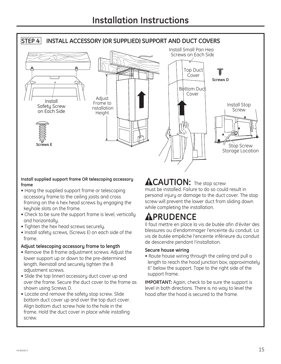 Installation instructions, Caution, Prudence | GE ZV54ISHSS User Manual | Page 15 / 20