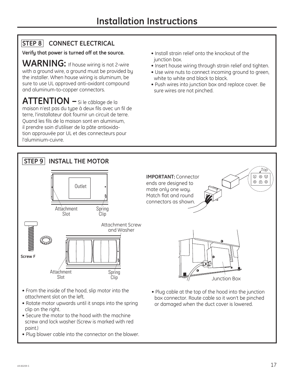 Installation instructions, Warning, Attention | GE ZV54ISHSS User Manual | Page 17 / 20