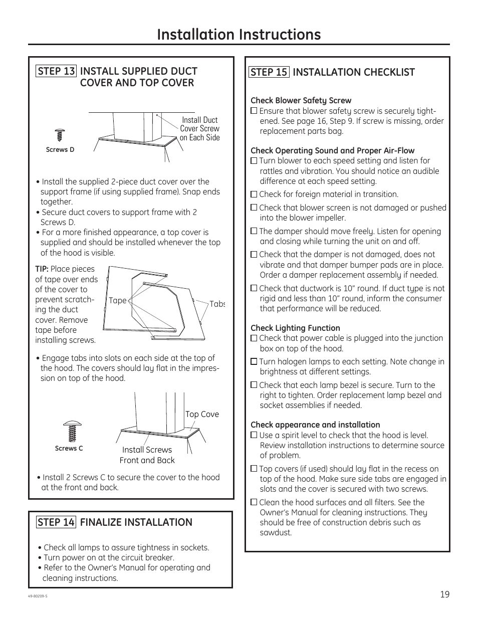 Installation instructions, 67(3 installation checklist | GE ZV54ISHSS User Manual | Page 19 / 20