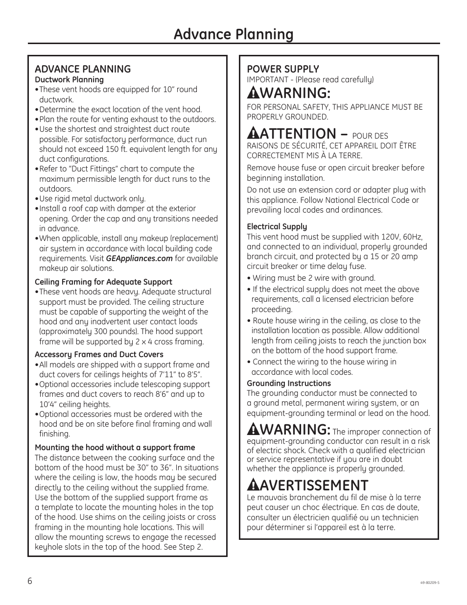 Advance planning, Warning, Attention | Avertissement | GE ZV54ISHSS User Manual | Page 6 / 20