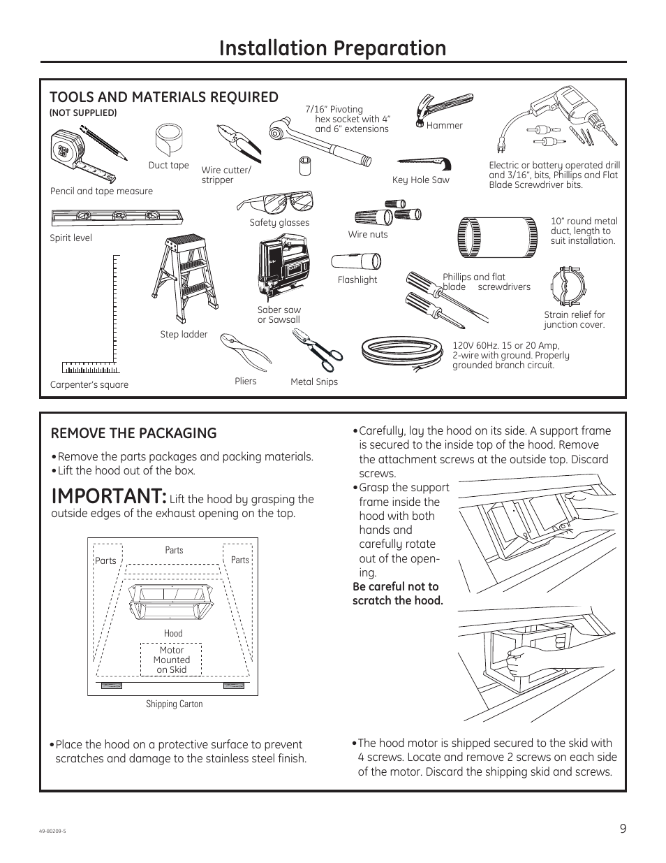 Installation preparation, Important, Tools and materials required | Remove the packaging | GE ZV54ISHSS User Manual | Page 9 / 20