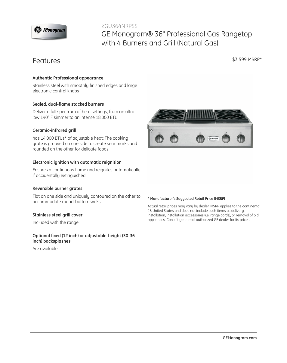 GE ZGU364NRPSS User Manual | 3 pages