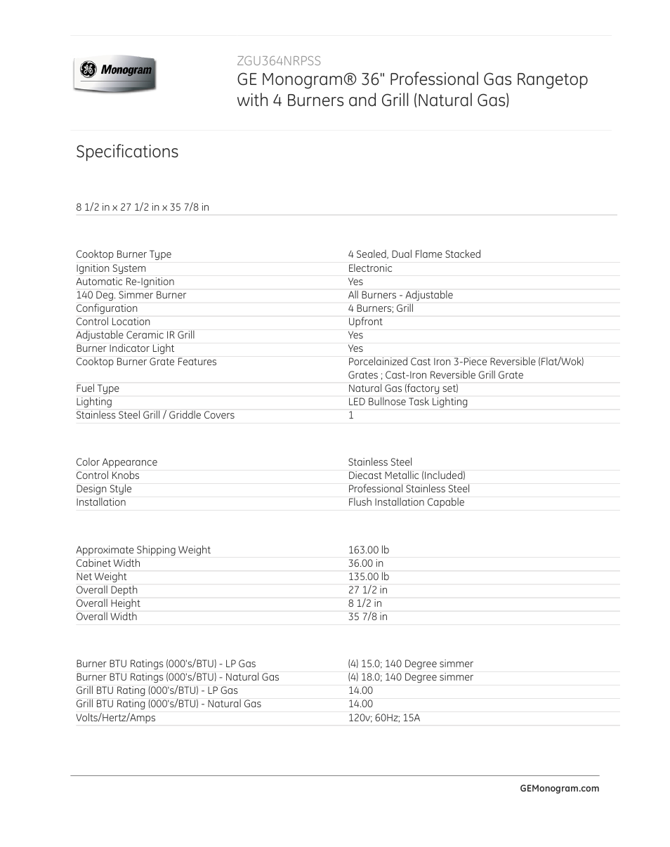 Specifications | GE ZGU364NRPSS User Manual | Page 2 / 3