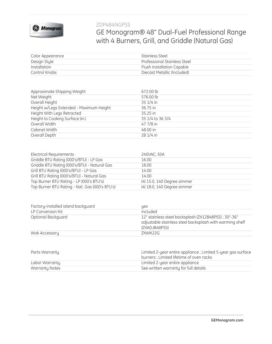 Zdp484ngpss | GE ZDP484NGPSS User Manual | Page 4 / 4