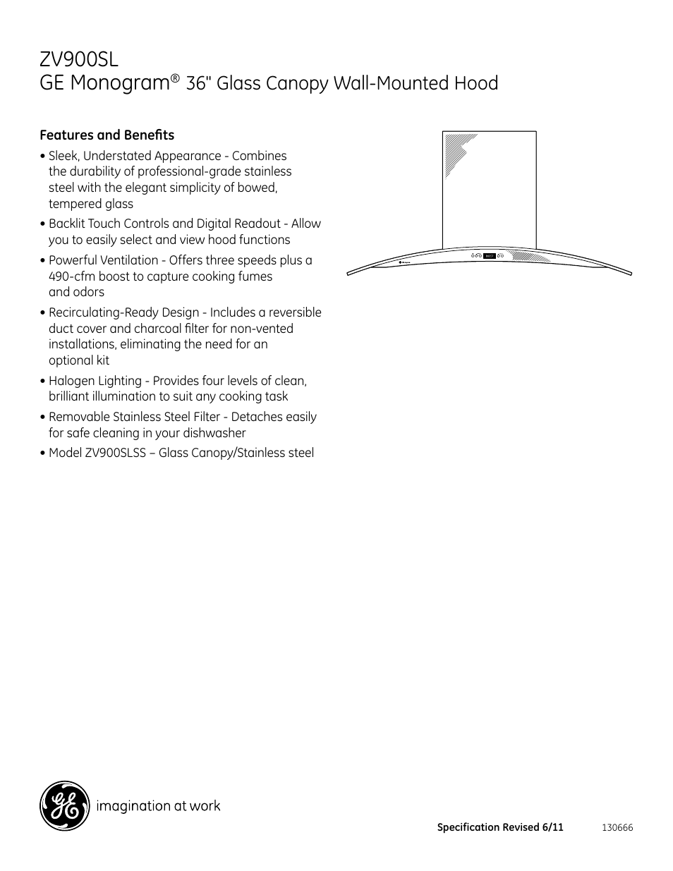 Zv900sl ge monogram, 36" glass canopy wall-mounted hood | GE ZV900SLSS User Manual | Page 2 / 2