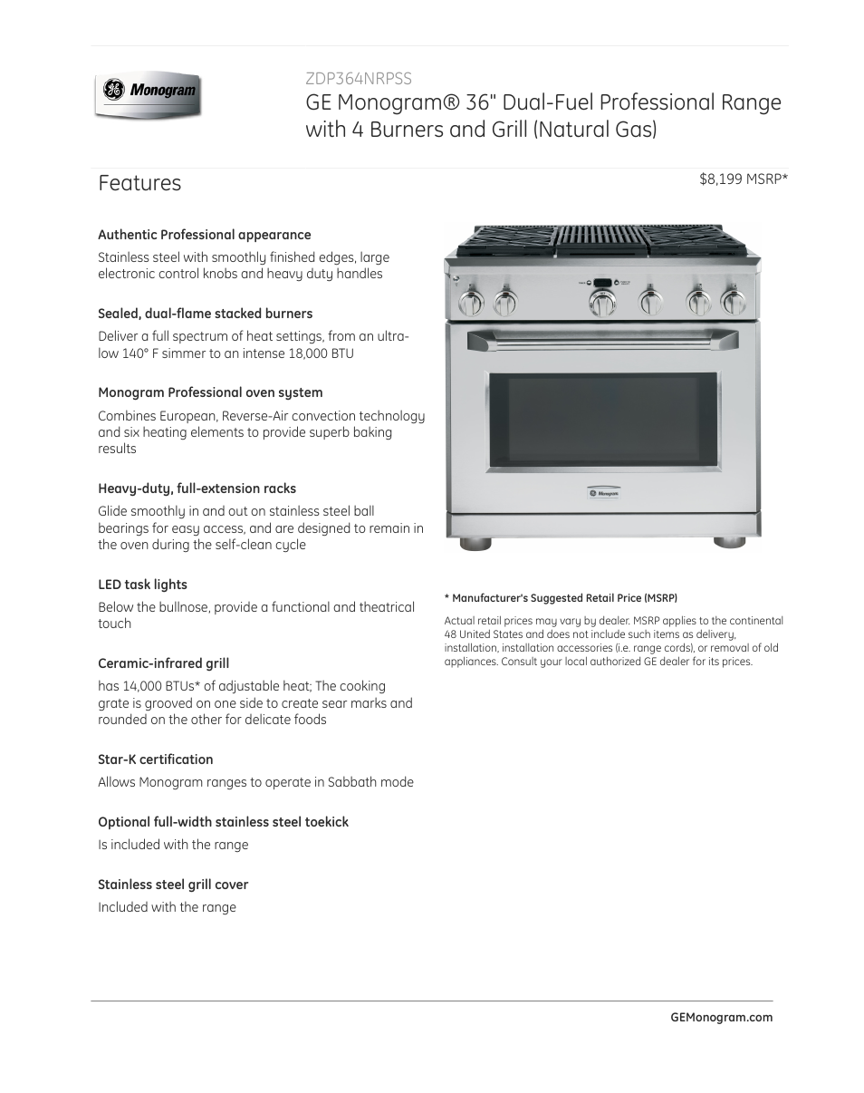 GE ZDP364NRPSS User Manual | 4 pages