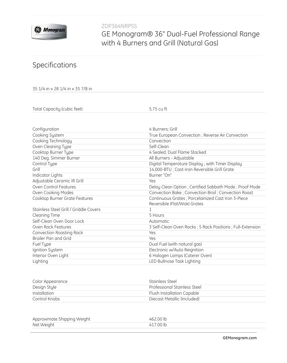 Specifications, Zdp364nrpss | GE ZDP364NRPSS User Manual | Page 3 / 4