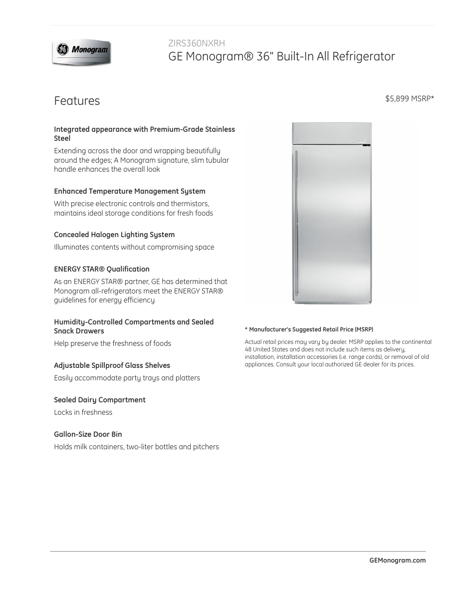 GE ZIRS360NXRH User Manual | 3 pages