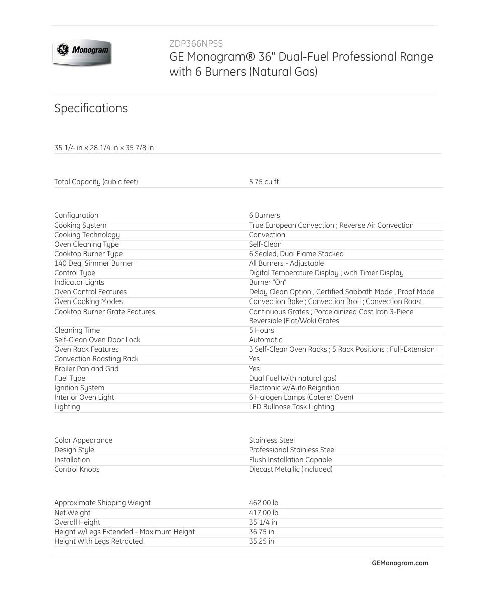 Specifications, Zdp366npss | GE ZDP366NPSS User Manual | Page 3 / 4