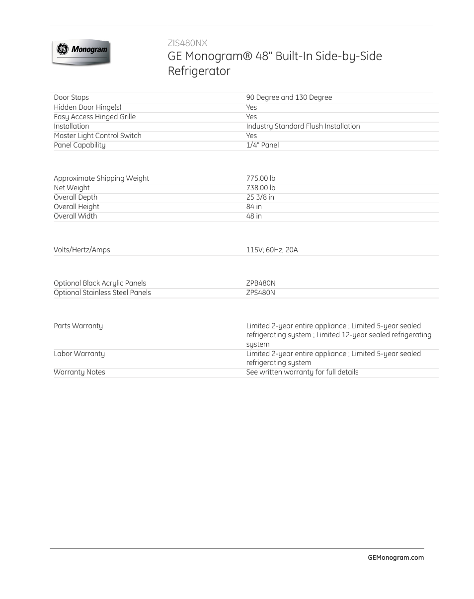 GE ZIS480NX User Manual | Page 4 / 4