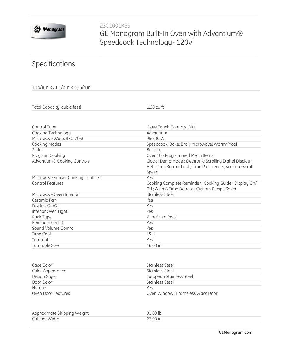 Specifications, Zsc1001kss | GE ZSC1001KSS User Manual | Page 2 / 3