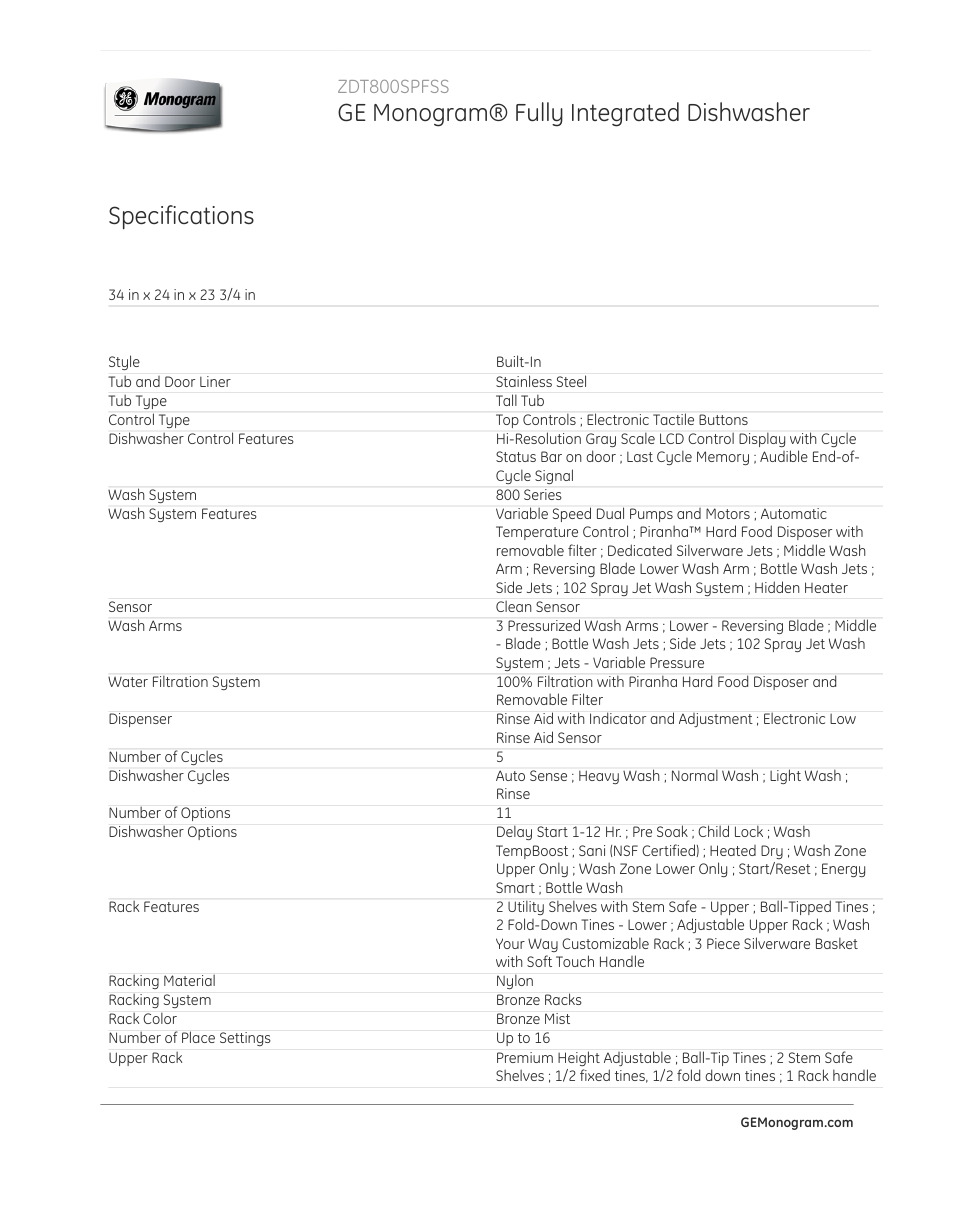 Ge monogram® fully integrated dishwasher, Specifications, Zdt800spfss | GE ZDT800SPFSS User Manual | Page 3 / 5