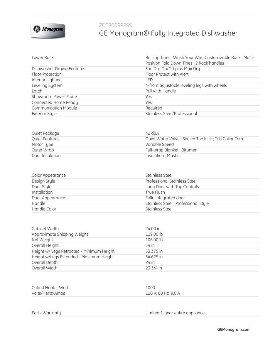 Ge monogram® fully integrated dishwasher, Zdt800spfss | GE ZDT800SPFSS User Manual | Page 4 / 5