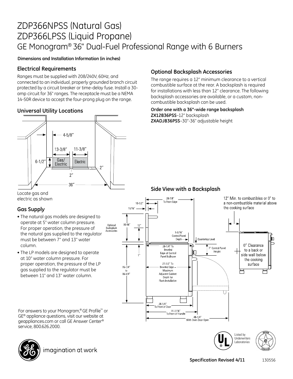 Ge monogram, 36" dual-fuel professional range with 6 burners | GE ZDP366NPSS User Manual | Page 2 / 3