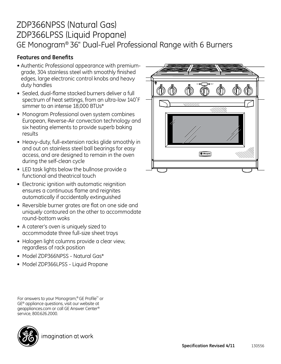 Ge monogram, 36" dual-fuel professional range with 6 burners, Zdp366 | Features and benefits | GE ZDP366NPSS User Manual | Page 3 / 3
