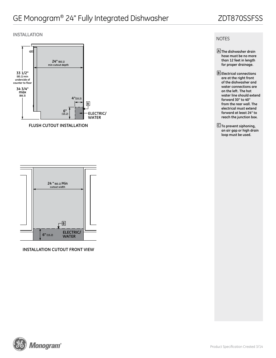 Ge monogram, 24" fully integrated dishwasher, Zdt870ssfss | Installation | GE ZDT870SSFSS User Manual | Page 2 / 3