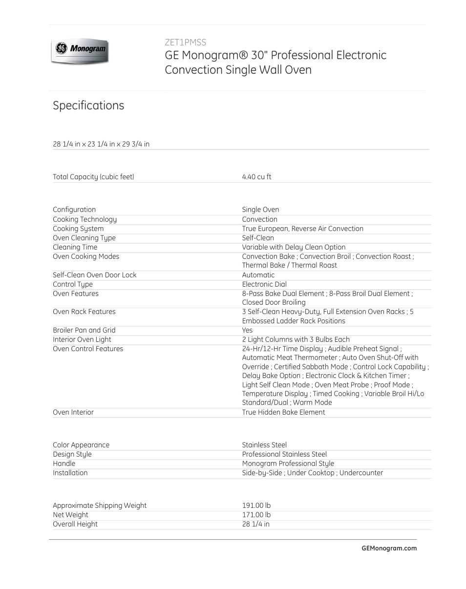 Specifications | GE ZET1PMSS User Manual | Page 3 / 4