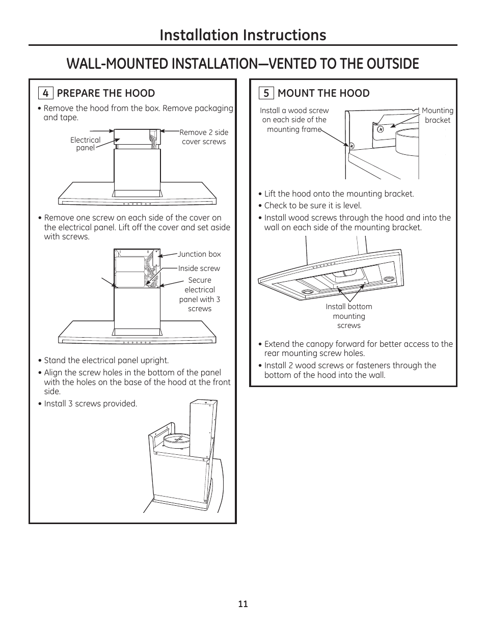 Installation instructions, 4 prepare the hood, 5 mount the hood | GE ZV800SJSS User Manual | Page 11 / 24