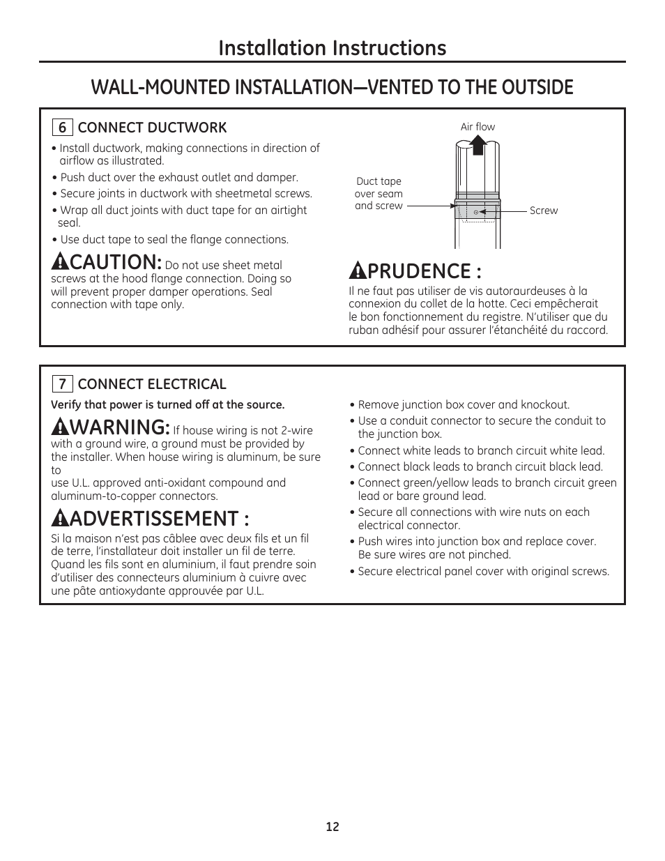 Warning, Advertissement, Caution | Prudence | GE ZV800SJSS User Manual | Page 12 / 24