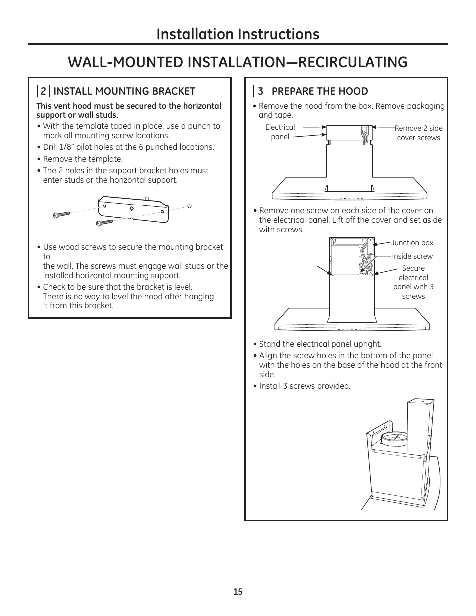 Installation instructions, 2 install mounting bracket, 3 prepare the hood | GE ZV800SJSS User Manual | Page 15 / 24