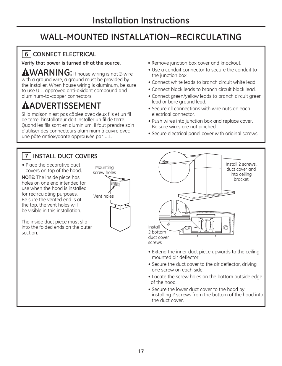 Warning, Advertissement | GE ZV800SJSS User Manual | Page 17 / 24