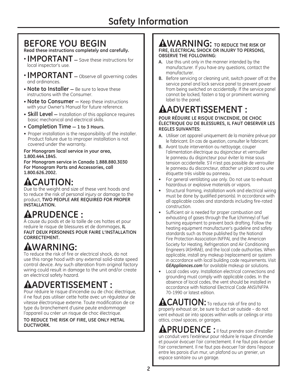 Safety information, Before you begin, Caution | Prudence, Warning, Advertissement, Important | GE ZV800SJSS User Manual | Page 2 / 24