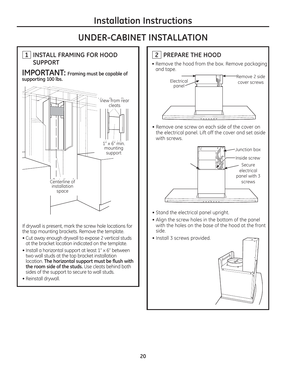 Important, 1 install framing for hood support, 2 prepare the hood | GE ZV800SJSS User Manual | Page 20 / 24