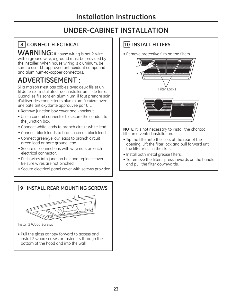 Installation instructions, Warning, Advertissement | Under-cabinet installation | GE ZV800SJSS User Manual | Page 23 / 24