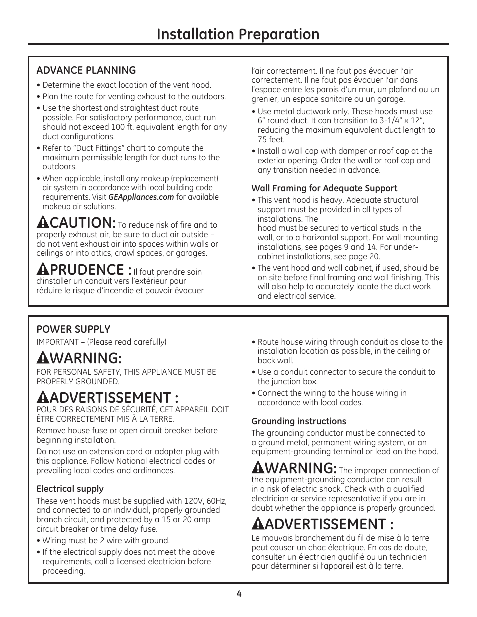 Installation preparation, Caution, Prudence | Warning, Advertissement | GE ZV800SJSS User Manual | Page 4 / 24