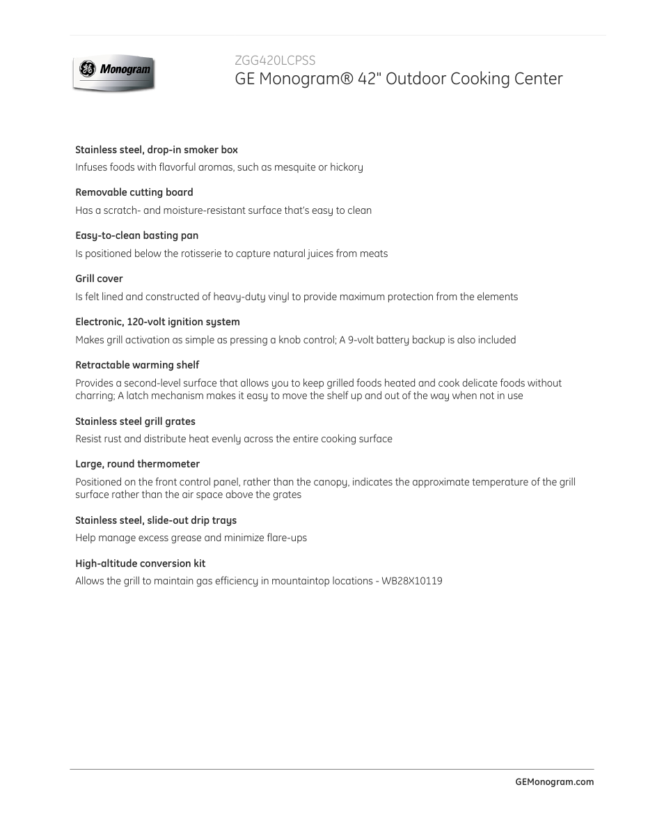 Ge monogram® 42" outdoor cooking center | GE ZGG420LCPSS User Manual | Page 2 / 4