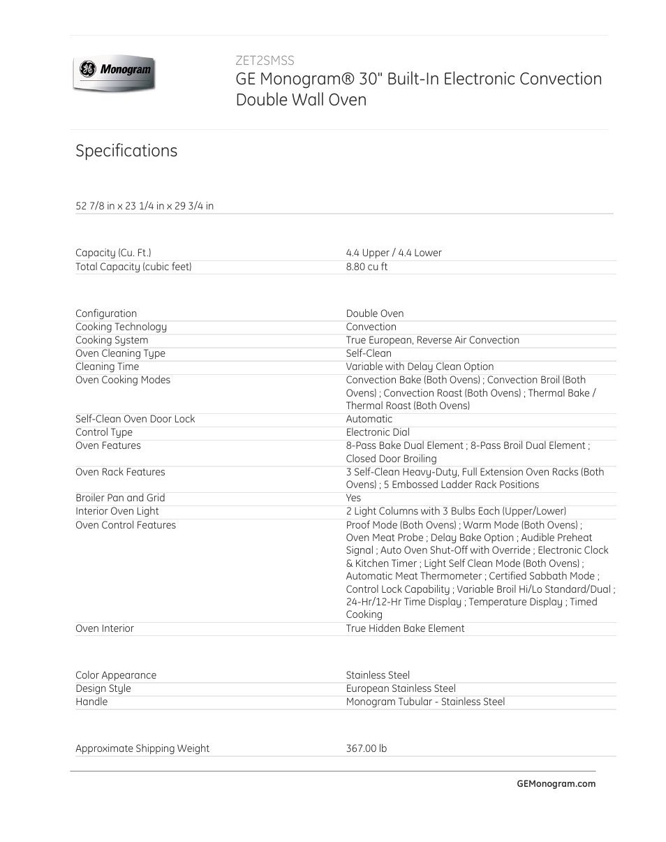 Specifications | GE ZET2SMSS User Manual | Page 3 / 4