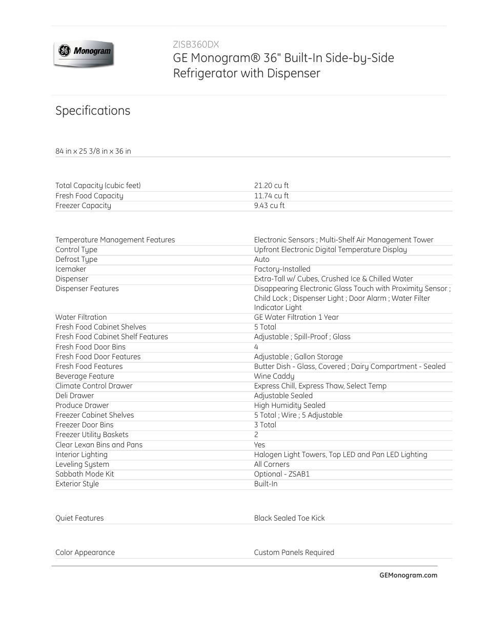 Specifications, Zisb360dx | GE ZISB360DX User Manual | Page 3 / 4