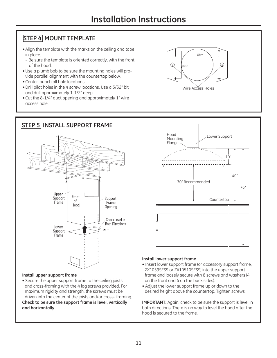 Installation instructions, Step 4 mount template, Step 5 install support frame | GE ZV1050SFSS User Manual | Page 11 / 16