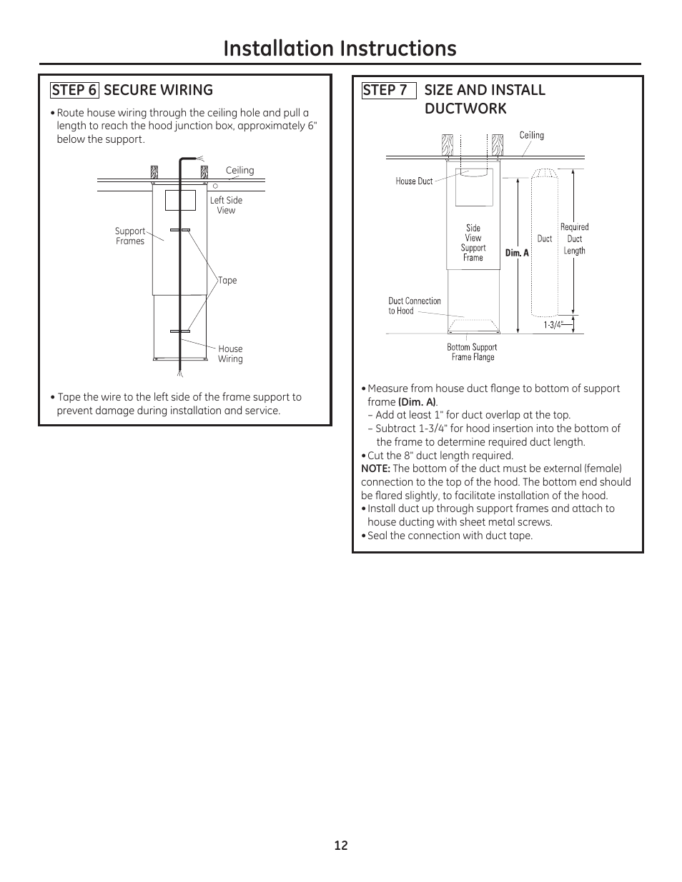 Installation instructions, Step 6 secure wiring, Step 7 size and install ductwork | GE ZV1050SFSS User Manual | Page 12 / 16
