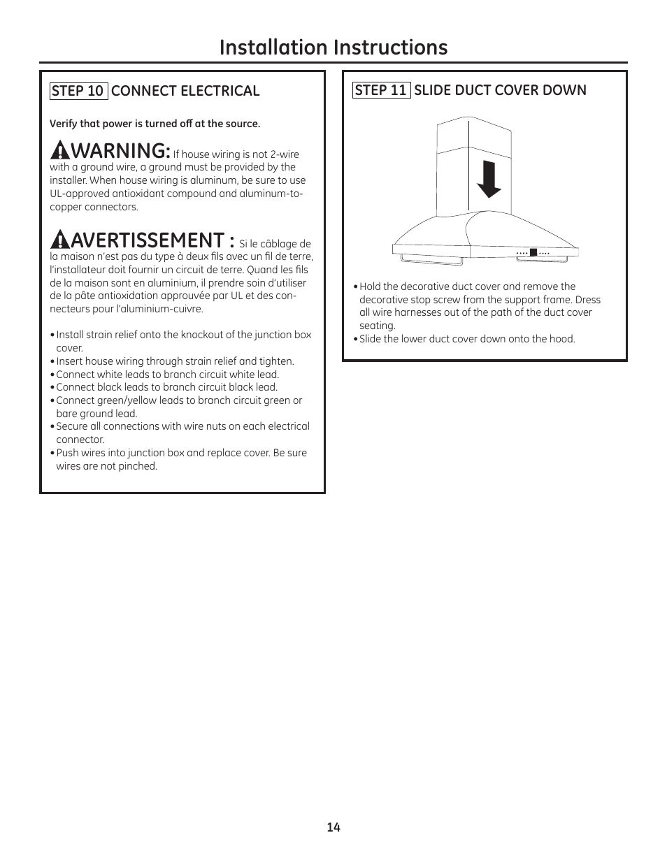 Installation instructions, Warning, Avertissement | Step 10 connect electrical, Step 11 slide duct cover down | GE ZV1050SFSS User Manual | Page 14 / 16