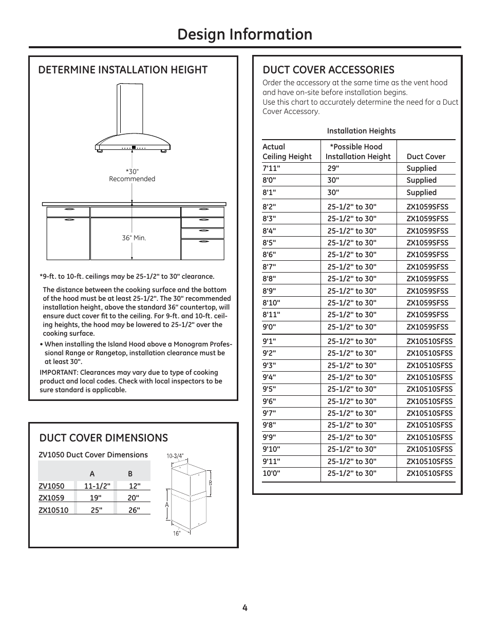 Design information, Duct cover accessories, Determine installation height | Duct cover dimensions | GE ZV1050SFSS User Manual | Page 4 / 16