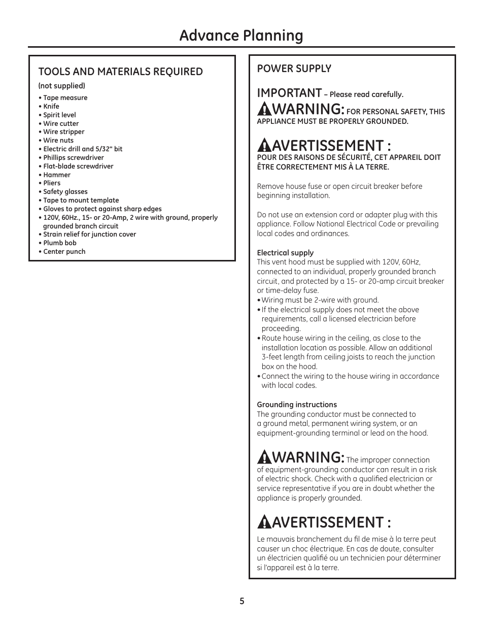 Gydqfh3odqqlqj, Warning, Avertissement | Important | GE ZV1050SFSS User Manual | Page 5 / 16