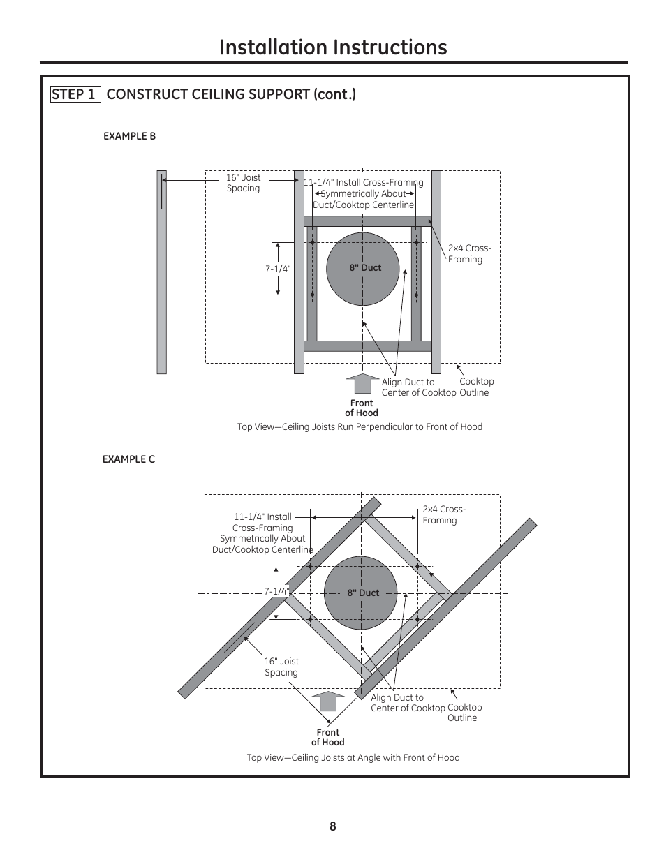 Installation instructions, Step 1 construct ceiling support (cont.) | GE ZV1050SFSS User Manual | Page 8 / 16