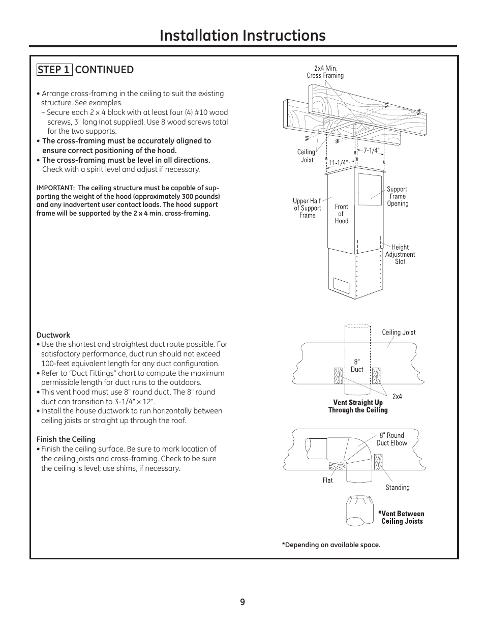 Installation instructions, Step 1 continued | GE ZV1050SFSS User Manual | Page 9 / 16