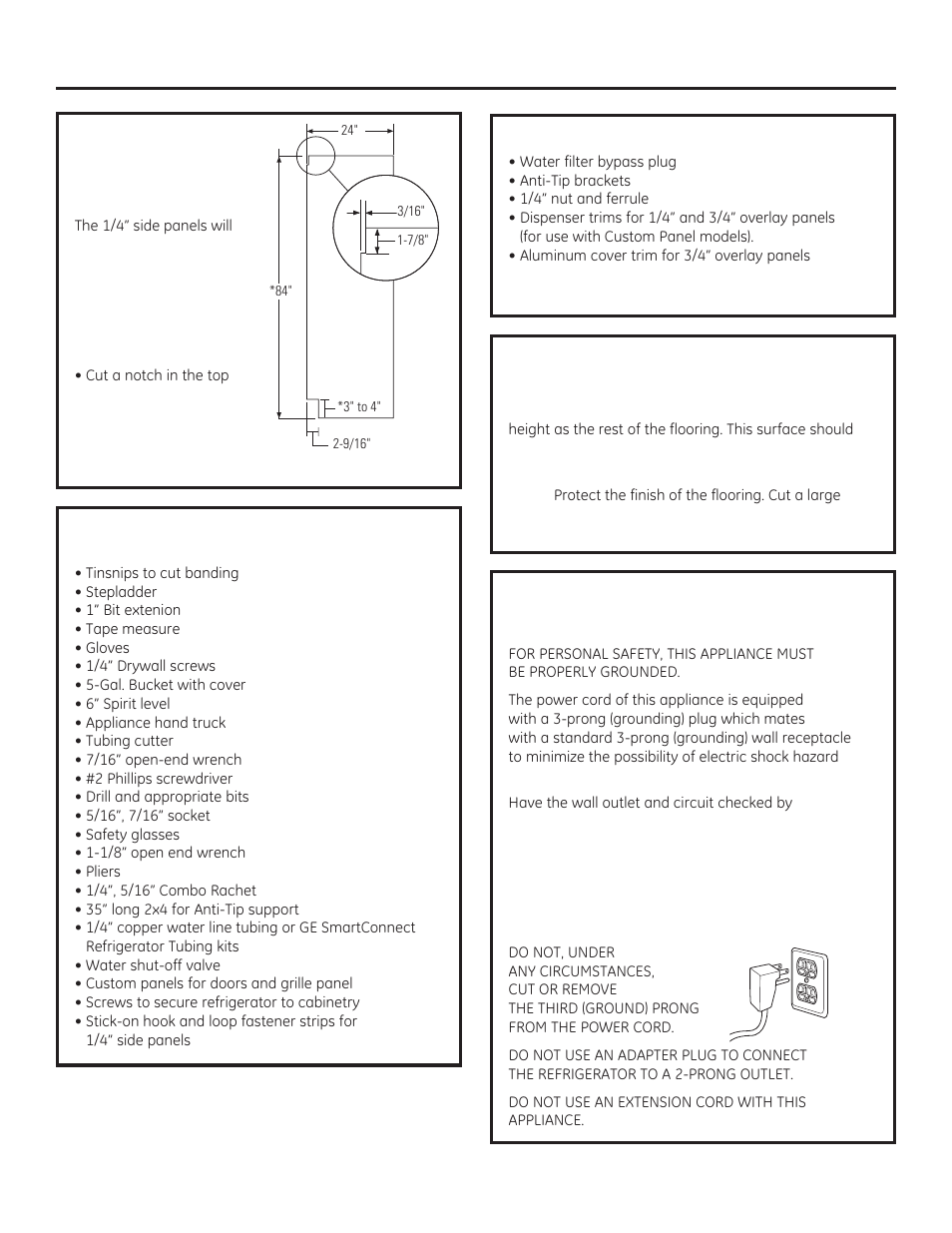 Design guide, Grounding the refrigerator, Side panels | Tools and materials required, Flooring, Hardware supplied | GE ZISB360DX User Manual | Page 10 / 24