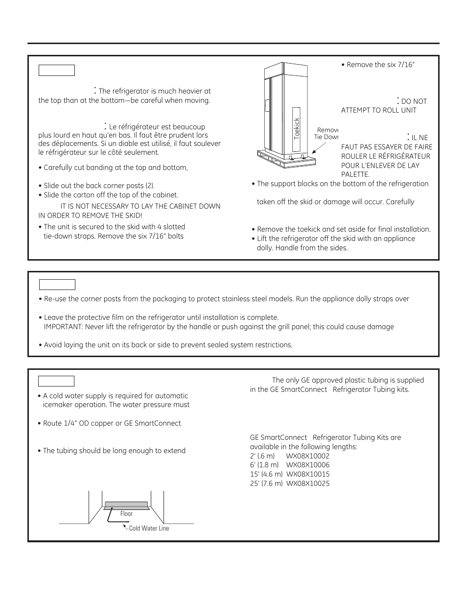 Installation instructions, Caution, Prudence | Step 1 remove packaging, Step 3 install water line, Step 2 move the refrigerator into the house | GE ZISB360DX User Manual | Page 11 / 24