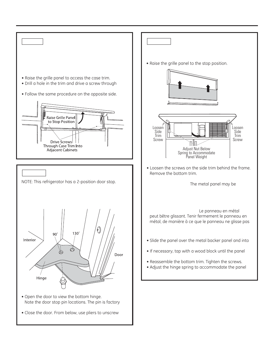 Caution, Prudence, Installation instructions | Step 10 adjust door swing, Step 9 secure refrigerator to cabinetry | GE ZISB360DX User Manual | Page 14 / 24