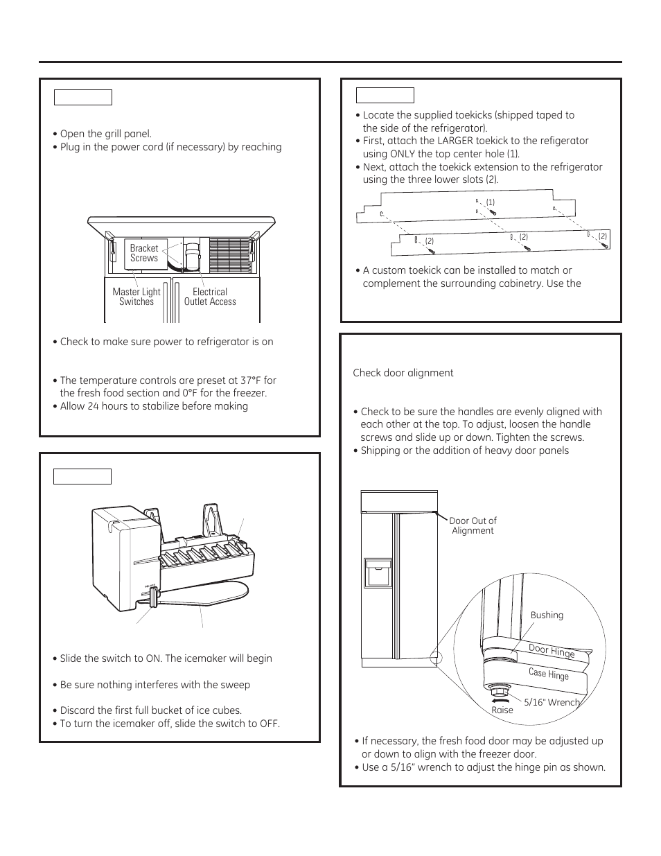Installation instructions, Step 17 install toekicks, Step 16 start icemaker | Step 15 connect power, close grille panel, Inspect final installation | GE ZISB360DX User Manual | Page 19 / 24