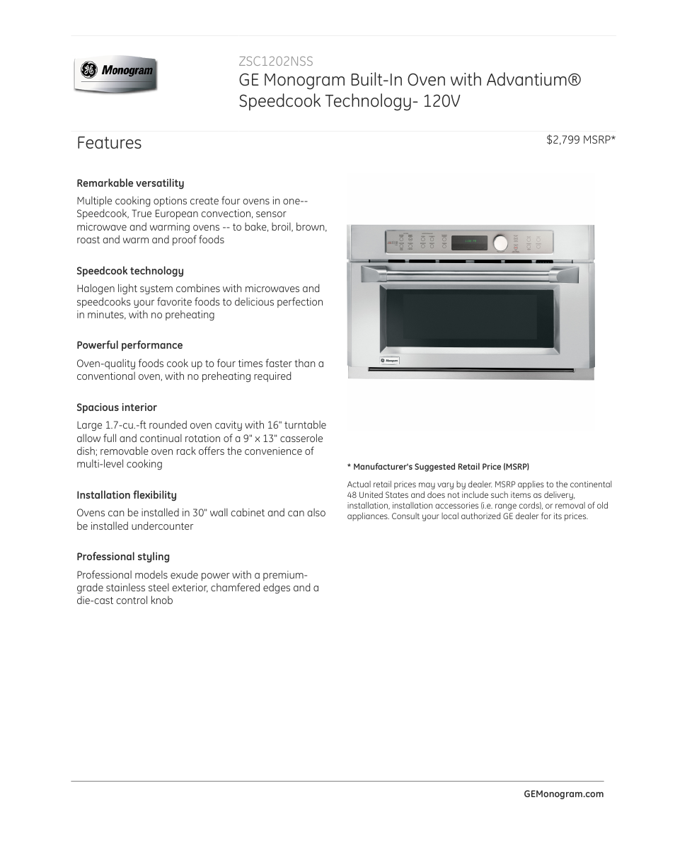 GE ZSC1202NSS User Manual | 3 pages