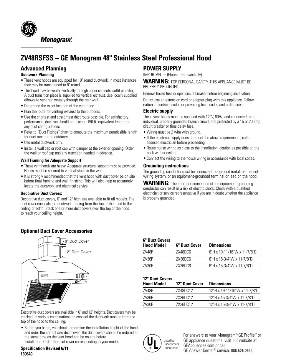 Advanced planning, Power supply, Warning | GE ZV48RSFSS User Manual | Page 2 / 4