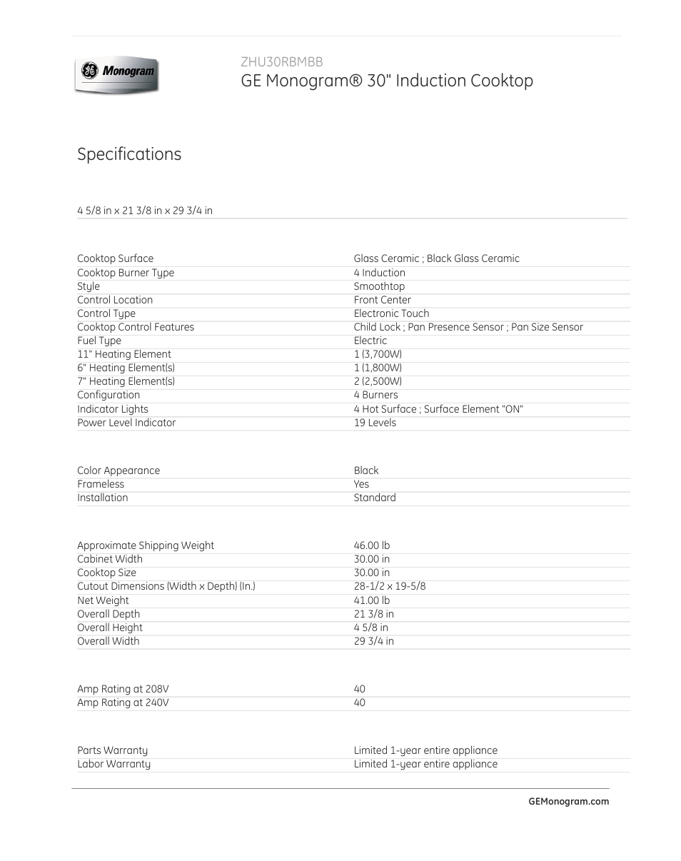 Ge monogram® 30" induction cooktop, Specifications, Zhu30rbmbb | GE ZHU30RBMBB User Manual | Page 3 / 4