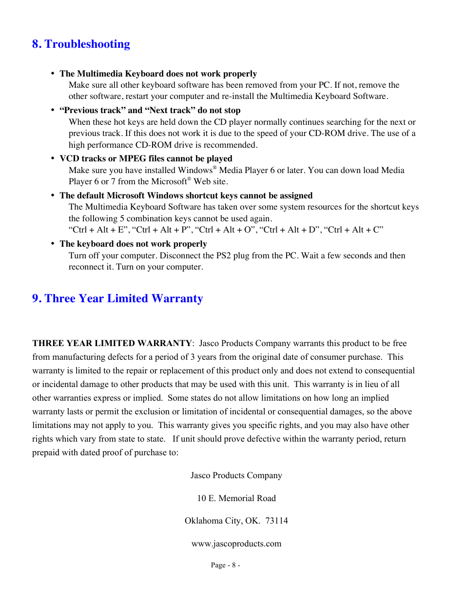 Troubleshooting, Three year limited warranty | GE 98706 98109 GE Wired Multimedia Keyboard User Manual | Page 8 / 9