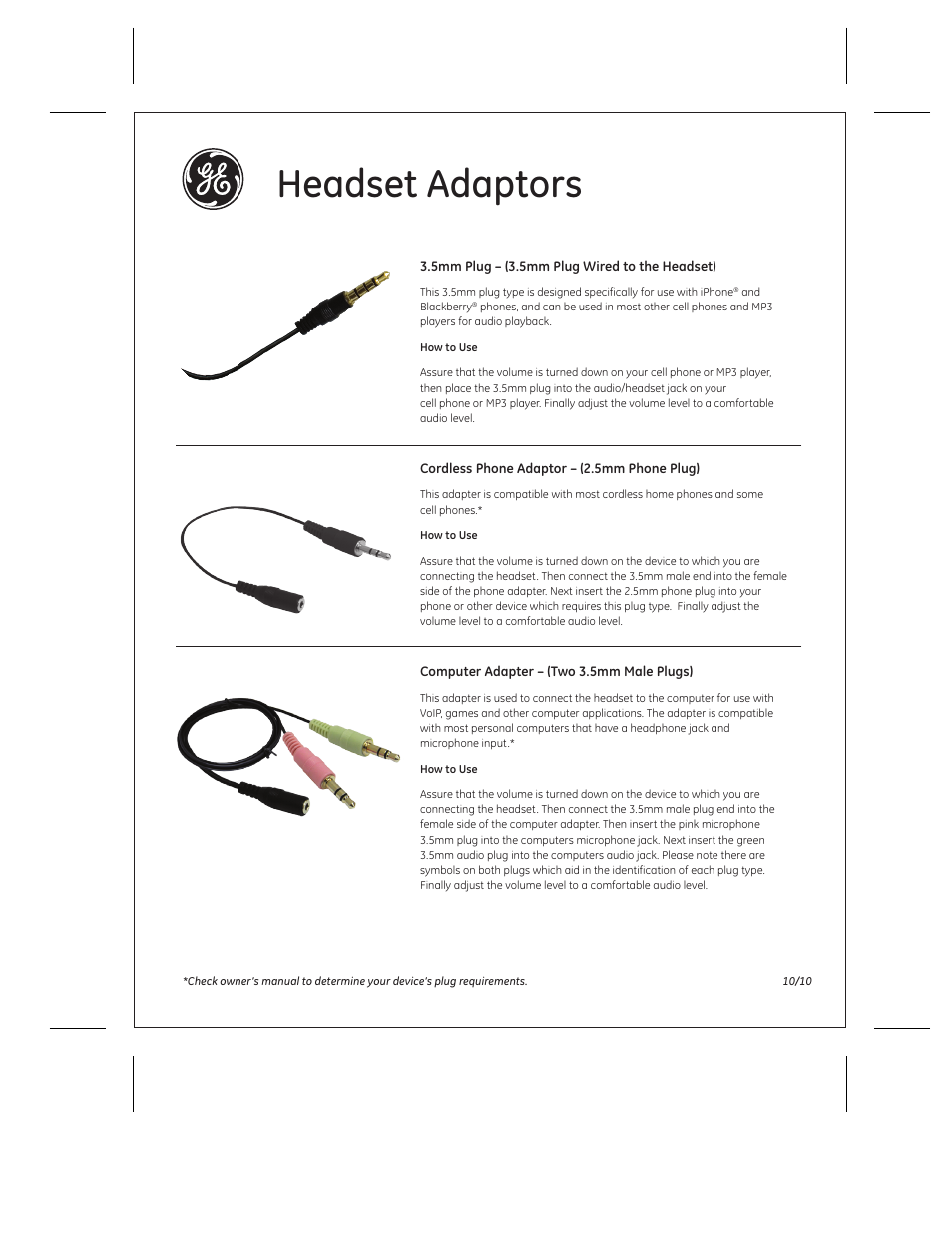 GE 98973 GE VoIP In-Ear Headset with Inline Microphone & Two Adapters User Manual | 2 pages